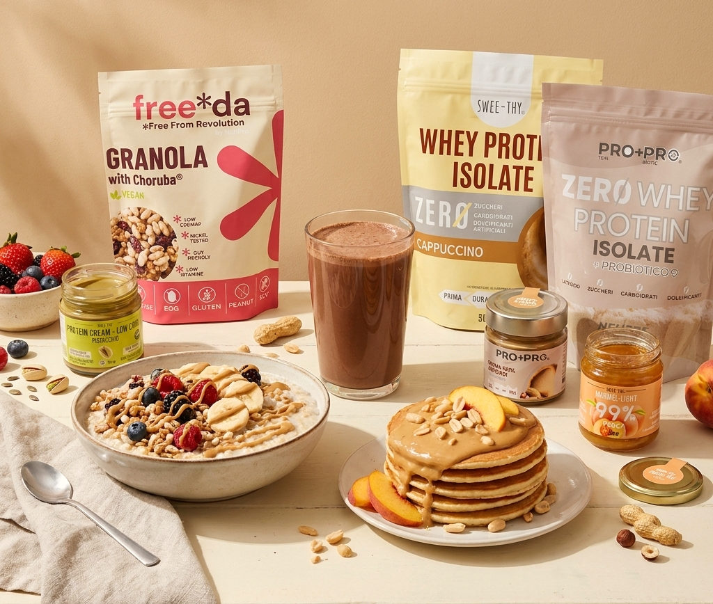 NUHPRO Food as Medicine product ecosystem: FREEDA granola with berries, SWEE-THY whey protein isolate, PRO+PRO zero whey protein isolate, protein creams and functional pancakes arranged in a clean lifestyle composition
